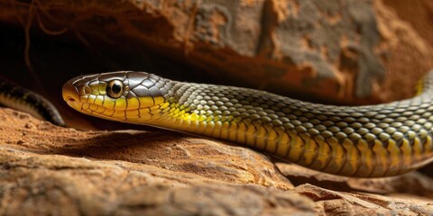 Obraz premium Yellow-faced whip snake lounging on a rock formation.
