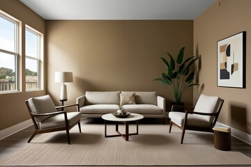 Fototapeta premium Elegant Contemporary Lounge with Minimalist Mid-Century Armchair Against Sandy Taupe Wall