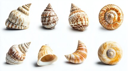 Collection of various seashells on white background