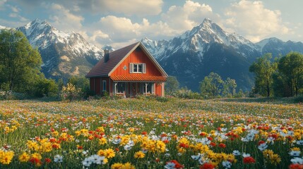 Fototapeta premium Vintage House in the Mountains Surrounded by Wildflowers and a Colorful Spring Meadow, Photorealistic Image Captured in Natural Light, Professional-Quality Photography of Scenic Landscape