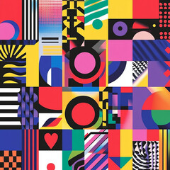 Obraz premium A colorful collage of shapes and patterns with the word 