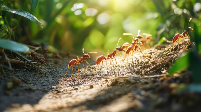 Ants marching single file on a narrow dirt trail, with sunlight filtering through the trees and casting soft shadows on the ground