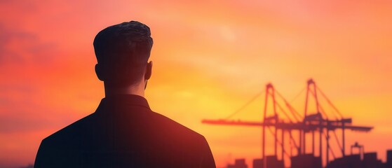 Silhouette of a manager standing at a cargo port, digital transportation networks overlaid, silhouette manager port, logistics network tracking