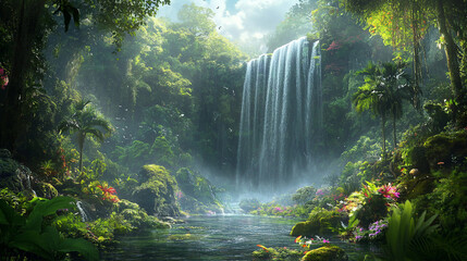 A lush green forest with a waterfall in the background. The waterfall is surrounded by a variety of plants and flowers, creating a serene and peaceful atmosphere