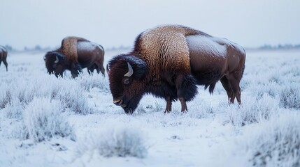Bison grazing on snow-dusted plains in winter, with their breath visible in the cold air, highlighting resilience in harsh environments