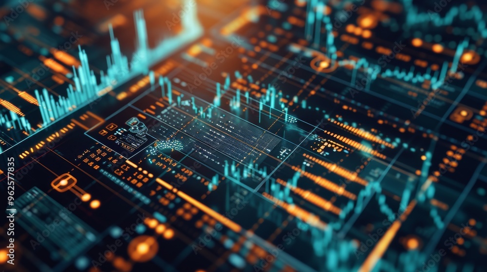 Poster illuminated digital graphs and data on a screen, representing modern financial analysis, stock marke