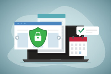 Online website calendar page list with important day or internet schedule deadline agenda reminder notification tasks on laptop computer vector flat cartoon, illustration of pc web organizer app icon