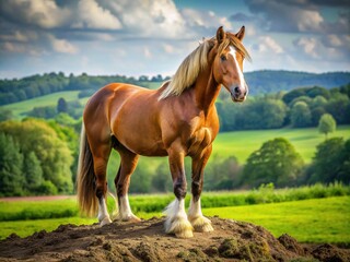 Fototapeta premium A majestic brown horse with a shiny coat and groomed mane stands on a lush green meadow, its hooves digging gently into the earth.
