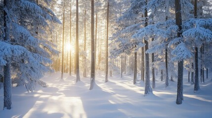Snow-Covered Pine Forest with Sunlight Filtering Through Branches