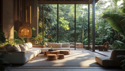 Fototapeta premium Modern Living Room with Large Windows Overlooking a Lush Tropical Garden