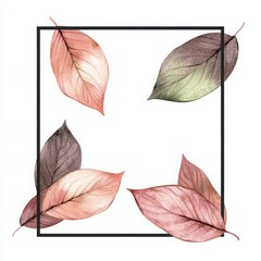 Obraz premium Watercolor Painted Leaves Surrounding a Simple Black Line Frame, Featuring Soft and Elegant Botanical Elements in a Minimalist Design