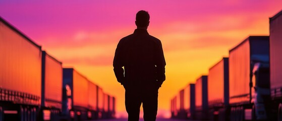 Silhouette of a manager walking by rows of parked cargo trucks, ensuring smooth transportation operations, silhouette manager parked trucks, logistics coordination