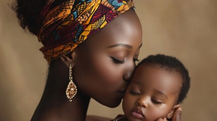 Obraz premium Tender Moment of African Mother Holding Newborn with Soft Gentle Kiss in Natural Light