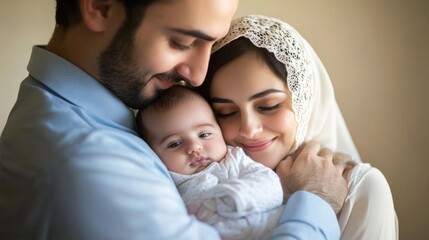 Obraz premium Loving Middle Eastern Parents Embracing Newborn Baby in Soft Natural Light, Tender Family Moment in Neutral Tones