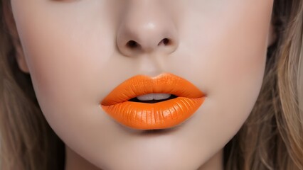 Fototapeta premium Close-up beautiful attractive woman with bright hot orange lipstick on lips, sensual girl wearing stunning color makeup, flirty radiant female confident look beautiful womanly and feminine cosmetics