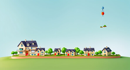 An abstract illustration of a house balancing on a growing line graph, representing the rise in housing prices. The house is designed with bright colors and geometric shapes, symbolizing market 