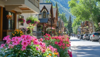 Fototapeta premium Charming Mountain Town Street Lined with Flowers and Shops