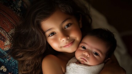 Tender Bond: Hispanic Big Sister Embracing Newborn with Deep Family Connection and Soft Lighting