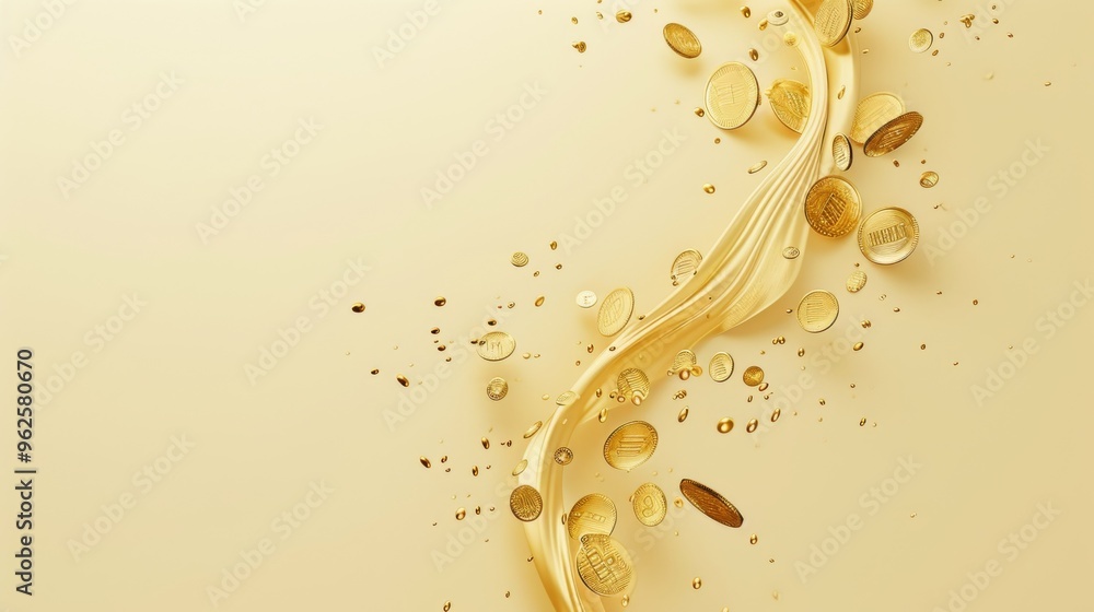 Poster a mesmerizing swirl of golden coins floating against a light backdrop, capturing the motion and allu