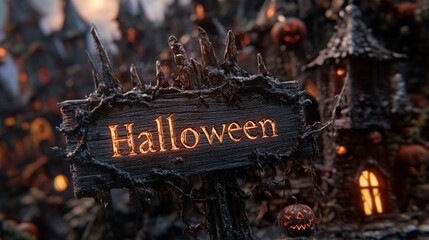 A sign that says Halloween is hanging on a tree