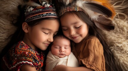 Fototapeta premium Loving Indigenous Canadian Siblings Embracing Newborn in Cultural Family Warmth under Soft Light