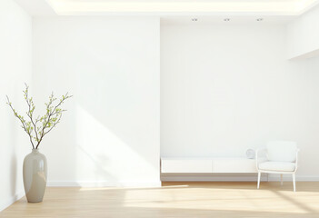 Minimalist white interior with a vase of branches and a white chair