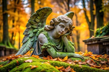 A majestic yet battered stone angel lies shattered on a moss-covered pedestal, surrounded by autumn leaves, symbolizing the fallen beauty of a once-perfect creation.