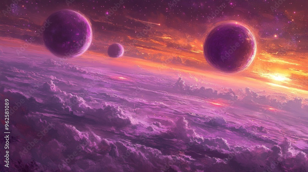 Wall mural a painting of two purple planets in the sky with a sunset in the background