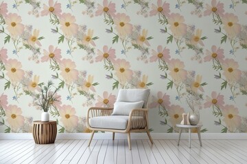 Serene Floral Wallpaper Design Featuring Terns in Soft Pastel Colors
