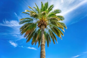 A majestic windmill palm tree stands tall against a clear blue sky, its slender trunk and feathery leaves gently swaying in the gentle breeze.
