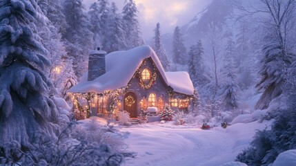 Fototapeta premium A Cozy Stone Cottage Covered in Snow with Christmas Lights in a Snowy Forest