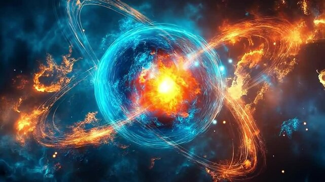 a colorful illustration of a blazing atomic structure on a background of space. Ideal illustration of atomic science, energy, and physics topics.