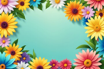 Fototapeta premium A colorful floral frame with a blue background.
