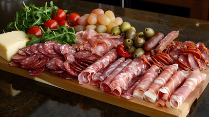 Gourmet Meat and Cheese Platter with Olives and Grapes