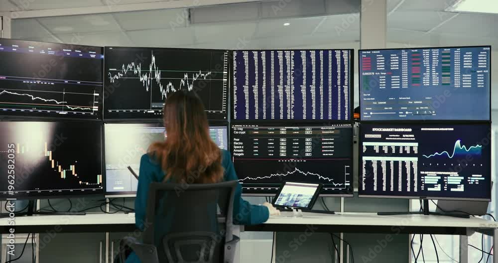 Poster back, woman and trader with computer for stock market, financial trading and investment performance 
