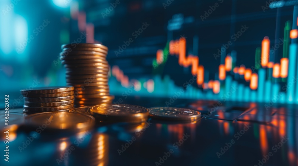 Aufkleber a collection of coins placed in front of a digital screen displaying financial charts, representing 