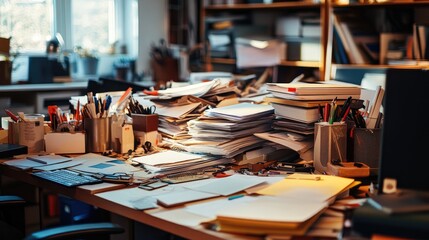 A messy workstation with documents and office supplies strewn across the desk, reflecting a lack of organization and productivity