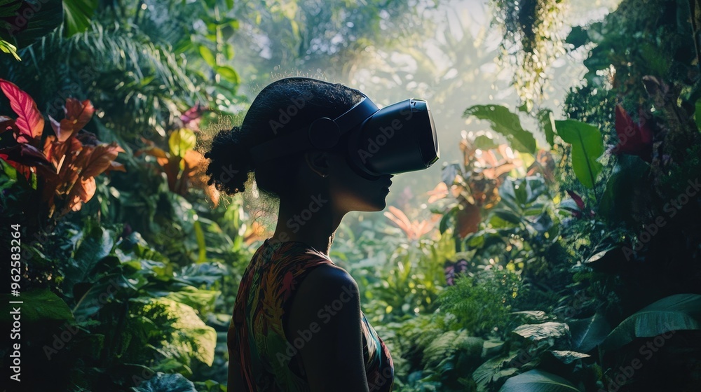 Poster a person immersed in virtual reality while surrounded by nature, creating a contrast between digital