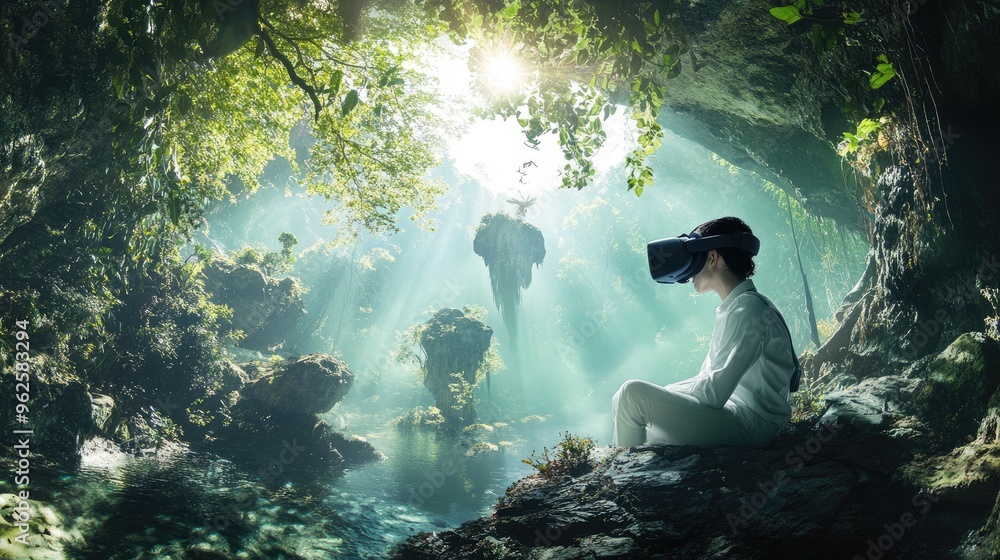 Poster a person immersed in virtual reality while surrounded by nature, creating a contrast between digital
