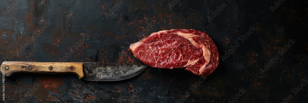 Poster Raw dry-aged ribeye beef steaks displayed from a top view on a rustic knife with plenty of space for text.