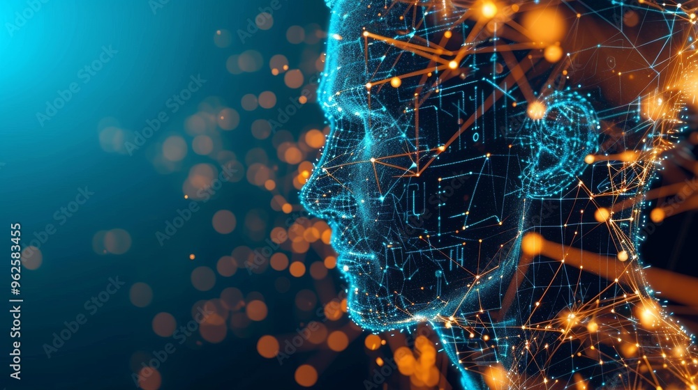 Poster a male profile is depicted with glowing, interconnected lines and nodes, representing a digital netw