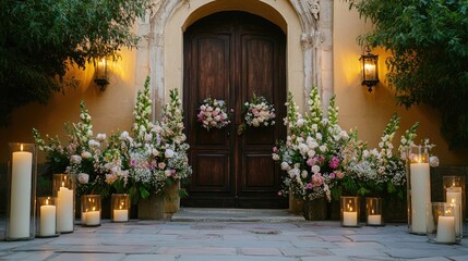 Fototapeta premium The entrance of a church decorated with flowers and candles, creating a welcoming atmosphere.