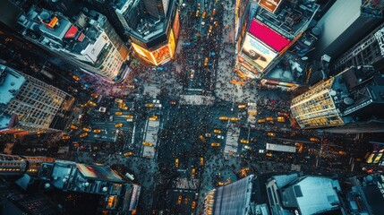 Aerial View of a Crowded Intersection in New York City at Night