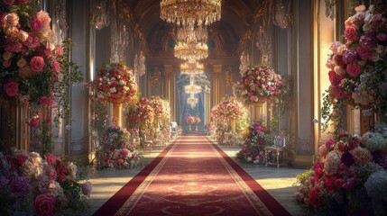 Ornate Hallway Decorated with Floral Arrangements
