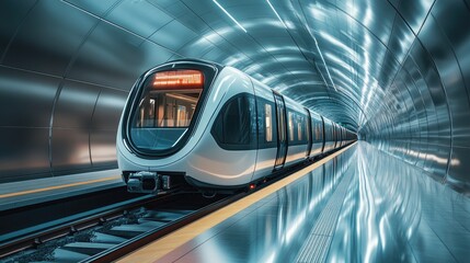 Fototapeta premium A state-of-the-art subway train arrives at an ultra-modern station, showcasing advanced urban transit technology