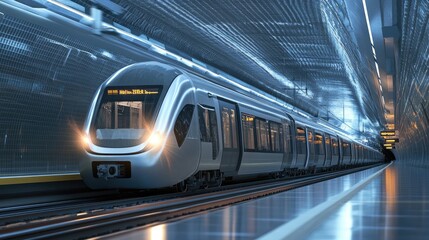 A state-of-the-art subway train arrives at an ultra-modern station, showcasing advanced urban transit technology
