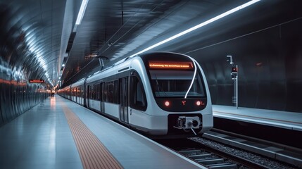 Fototapeta premium A state-of-the-art subway train arrives at an ultra-modern station, showcasing advanced urban transit technology