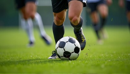 Obraz premium Professional Soccer Players in Action: Close-up of Feet Kicking Ball on Green Field