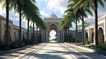 Obraz premium The grand entrance of a mosque, with a long walkway lined by towering palm trees.