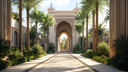 Obraz premium The grand entrance of a mosque, with a long walkway lined by towering palm trees.